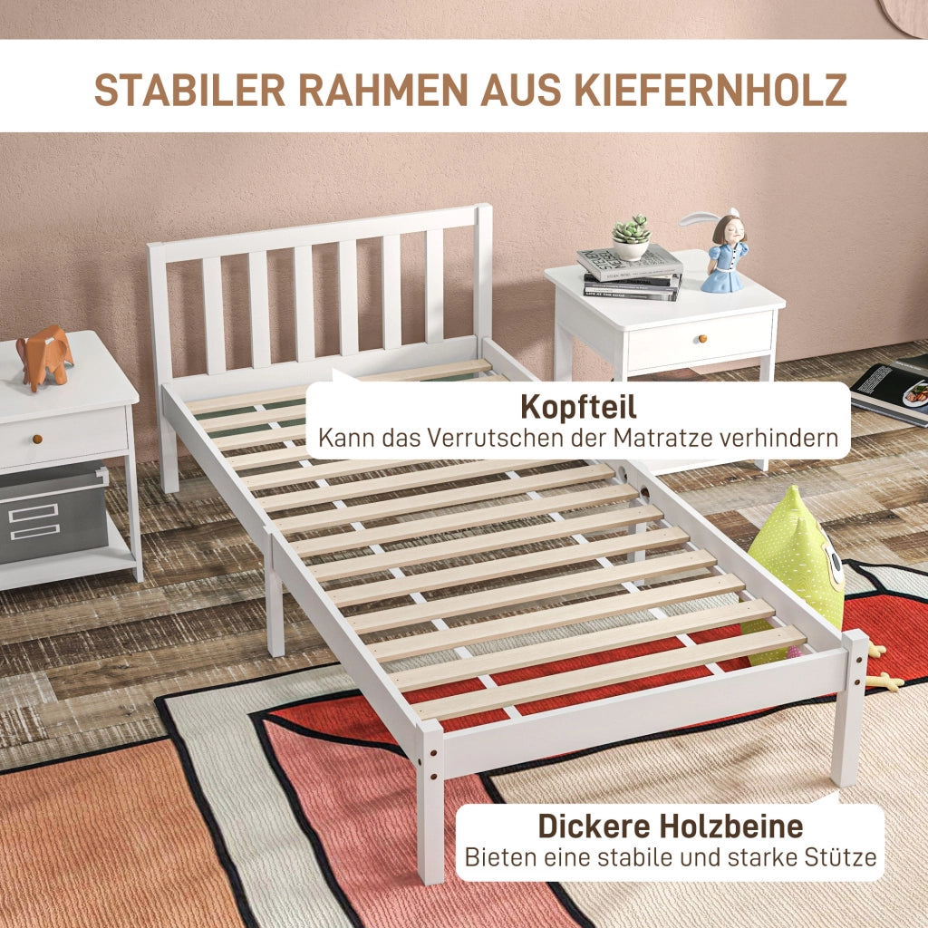 Struttura letto in legno 208 x 96 cm con rete a doghe e testiera, elegante letto singolo per camera da letto in bianco