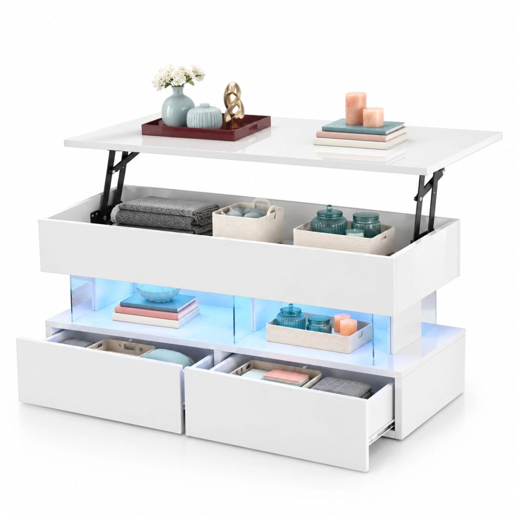 Tavolino elevabile 100 x 50 x 46 cm MDF bianco, vano nascosto, LED, 2 cassetti