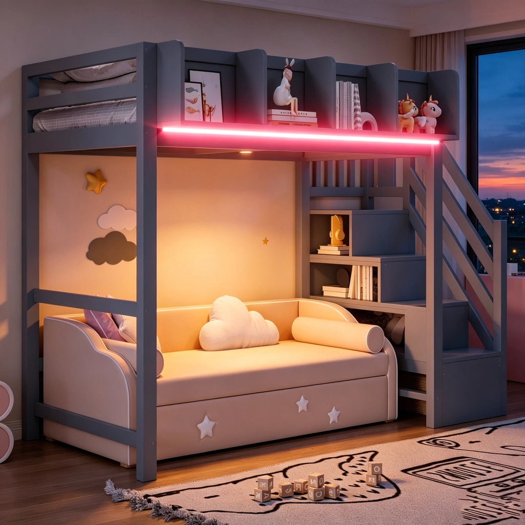 Letto a soppalco 90 × 200 cm con barriera di sicurezza, ripiani e LED, senza materasso, in legno grigio