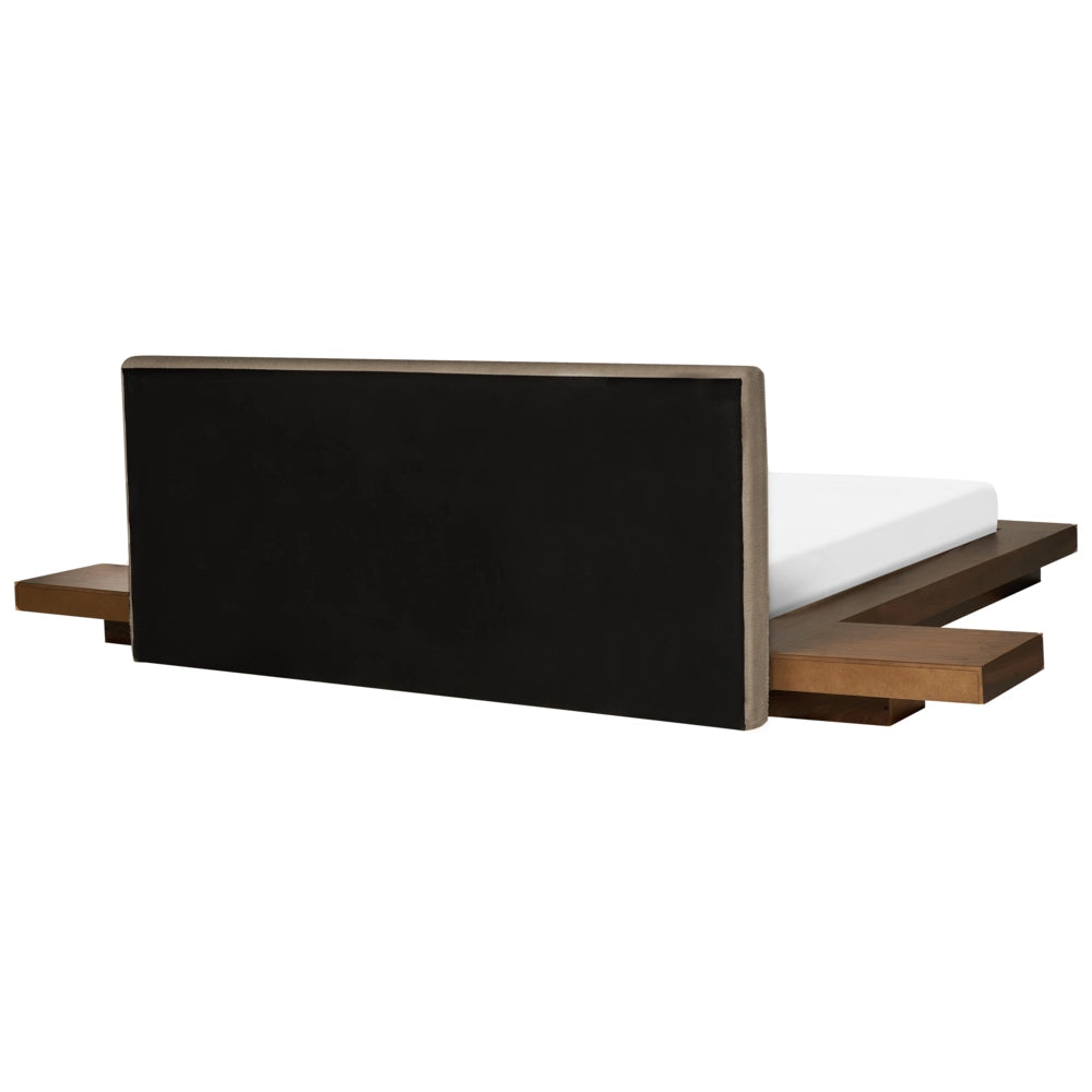 Letto matrimoniale ad acqua con testata e comodini in legno e tessuto bouclé tortora 160 x 200 cm stile giapponese