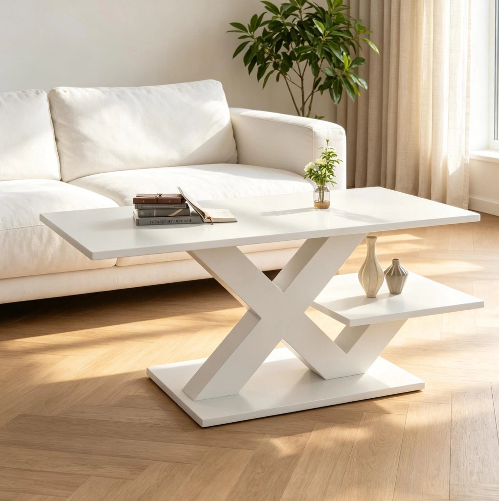 Tavolino da caffè rettangolare bianco lucido 100x48x45 cm in MDF con doppio ripiano