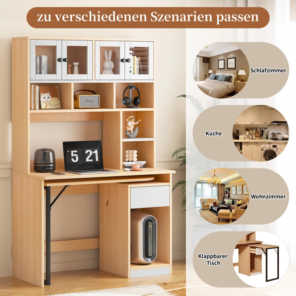 Scrivania lineare con libreria alta, ante in acrilico, cassetti e vani aperti, per studio e ufficio, 180 cm