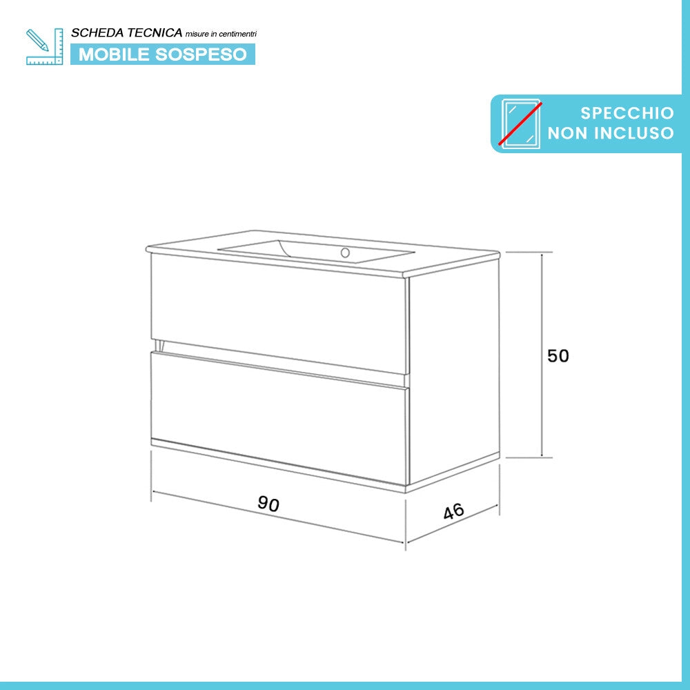 Mobile bagno sospeso 90 cm rovere bianco completo con lavabo Nadia