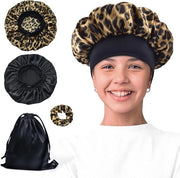 Copricapo in seta per donne - Copricapo in seta per capelli ricci - Copricapo notturno - Disegno leopardo nero - 4 pezzi con confezione regalo