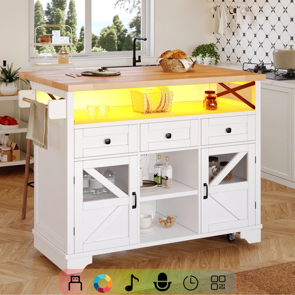OKWISH Carrello da Cucina con 3 Cassetti e 2 Ante, Piano Pieghevole, Ripiani Regolabili e Ruote, Bianco