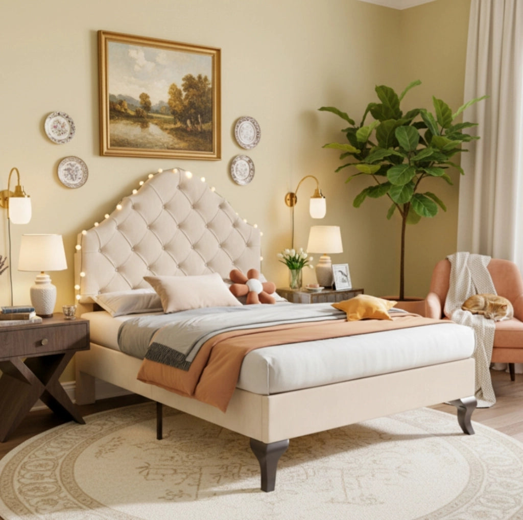 Letto singolo imbottito con rete e testiera regolabile 90x200 cm in velluto beige
