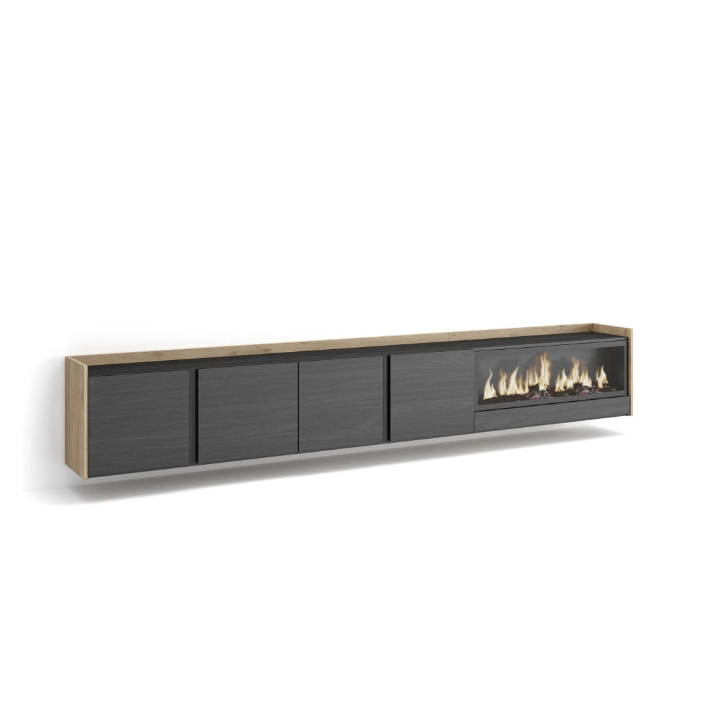 Mobile TV Soggiorno, 315x50x35 cm, Per TV fino a 80", Camino elettrico XXL, Sospeso, da appendere, Nero e rovere
