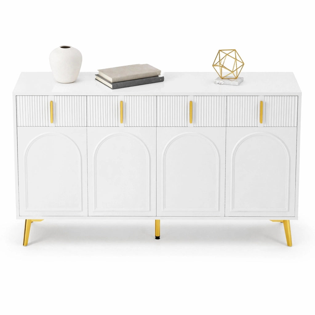 Sideboard moderno bianco 140 cm con 4 cassetti, 4 ante, ripiani regolabili e dettagli oro