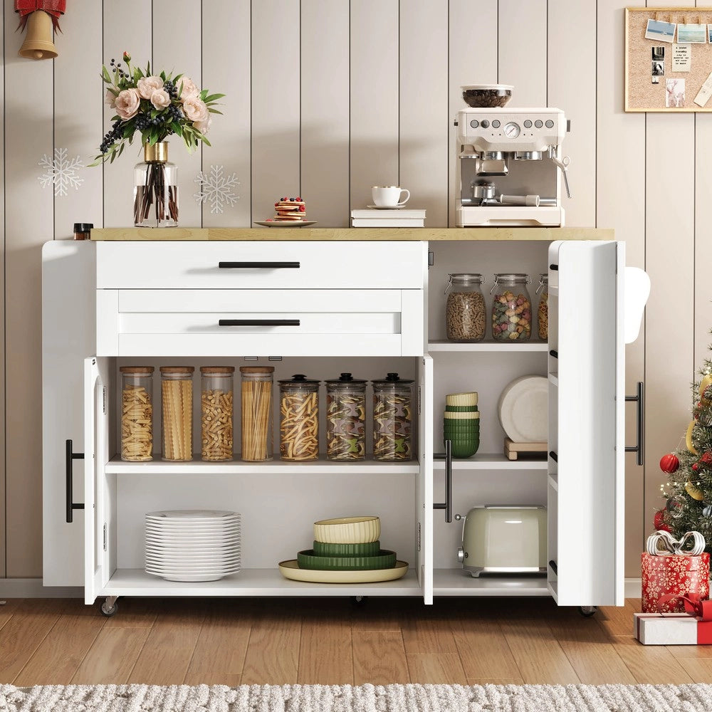 Isola Cucina Mobile con Piano Pieghevole ¨C Xylo ¨C 5 Ruote, Cassetto, Ripiano, 120x45x90 cm