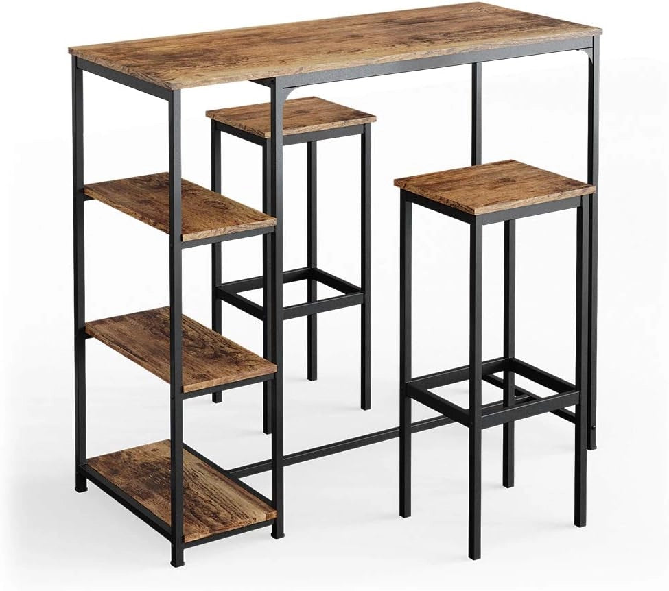 Tavolo bar con sgabelli Fyrk, Legno antico, 120 x 50 cm con 2 sgabelli da bar, adatto per banconi e piani cucina, impilabile per la conservazione
