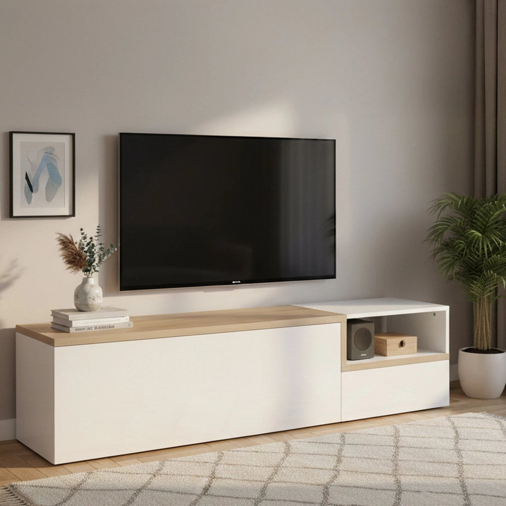 Mobile da soggiorno Porta Fluorite, Made in Italy, Credenza per Fluorite a 2 ante, Porta Fluorite da salotto, cm 160x40h46, Bianco lucido e Acero