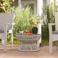 Tavolino da Giardino Rotondo, Tavolino d'Appoggio in Resina Effetto Rattan e Piano in Vetro Temperato, Ø 60 x 37H cm, Grigio chiaro