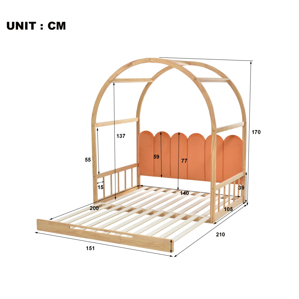 OKWISH Letto estraibile 140×100 cm e 140×200 cm, Letto Singolo a Letto Matrimoniale estensibile, cuscino testiera e sponde, senza Materasso