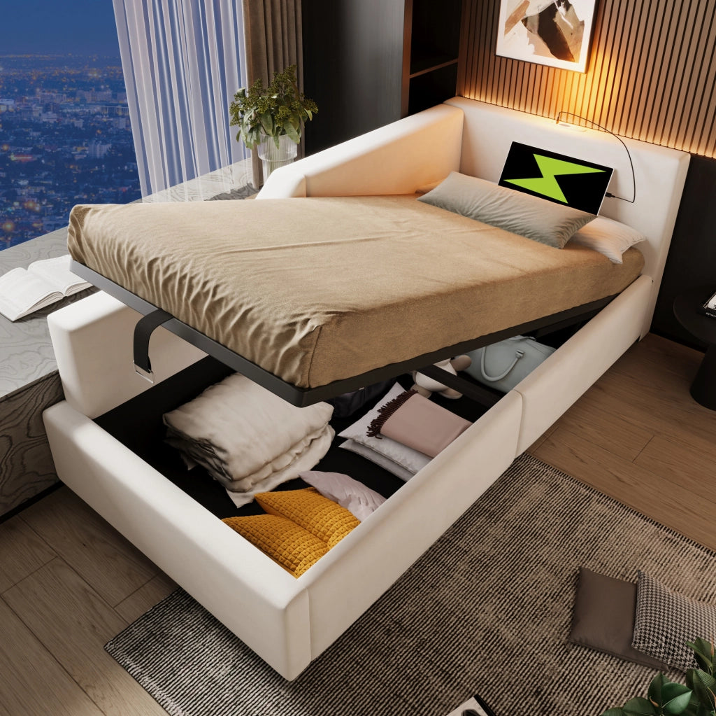 Letto daybed imbottito 90x190 cm in velluto beige con contenitore; lampada lettura e USB-C