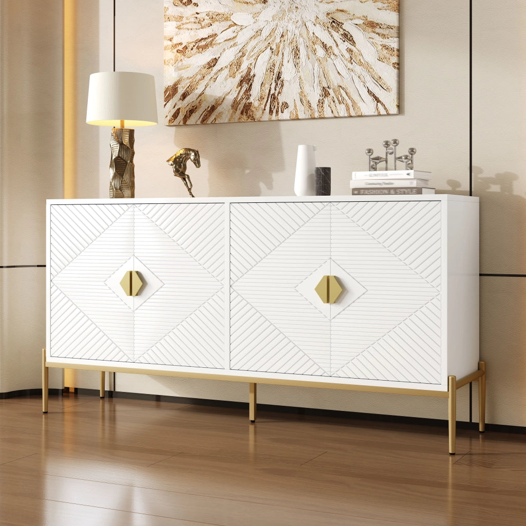 Credenza con 4 Ante; Motivo Geometrico 3D; Maniglie Dorate; Gambe in Metallo; Stile Moderno; 162??40??80 cm; Bianco