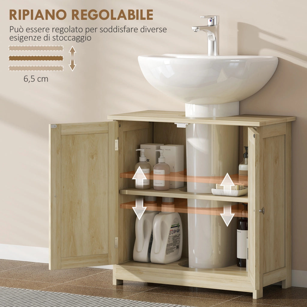 Mobile Sottolavabo 60x30x60 cm a 2 Ante con Ripiano Regolabile e Intaglio a U Rovere