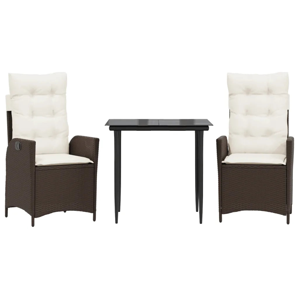 Set da Pranzo da Giardino 3pz con Cuscini in Polyrattan Marrone