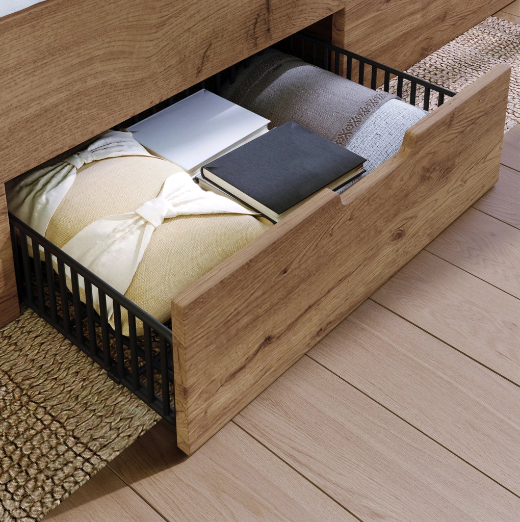 Letto matrimoniale 180x200 cm con LED; porte USB e Type-C; contenitore; effetto rovere