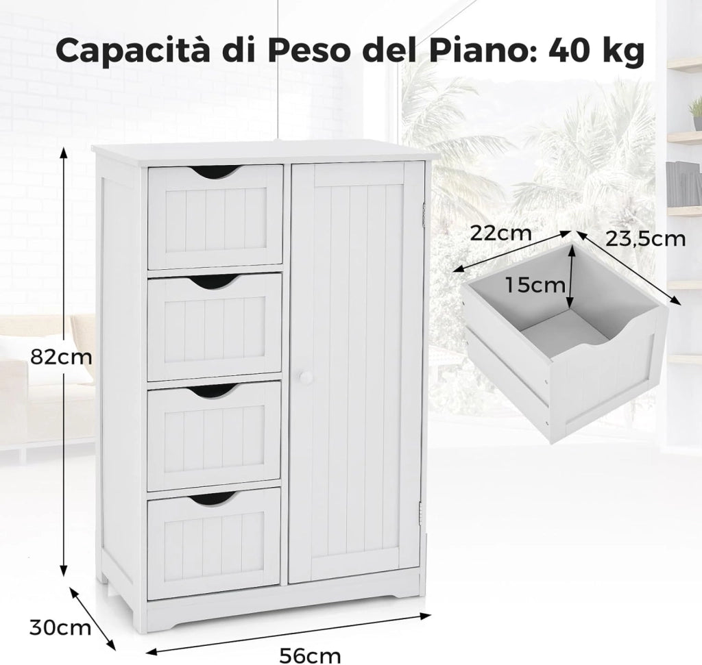 Mobiletto da Pavimento per Bagno con 4 Cassetti e 1 Anta, Mobile Multiuso con Ripiano Regolabile, Mobile da Terra in Legno per Soggiorno, Bagno, 56 x 30 x 82 cm (Bianco)