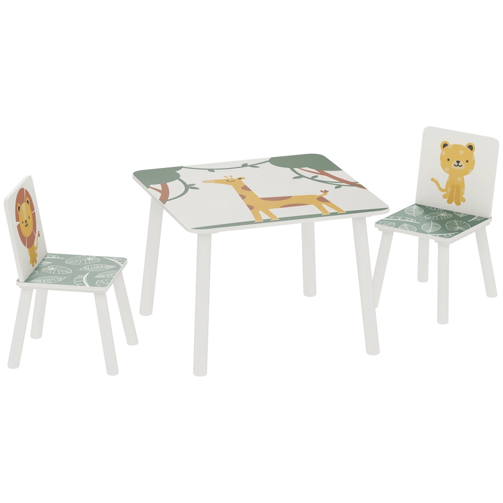 Set Tavolino e 2 Sedie per Bambini 3-8 Anni in MDF Fantasia con Animali Verde