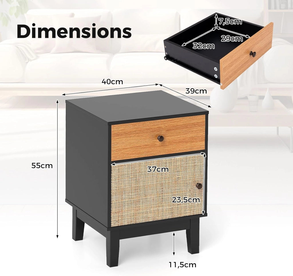 Comodino in legno, comodino con cassetto, porta in rattan e gambe in pino, kit antiribaltamento, 40 x 39 x 55 cm, tavolino ausiliario per camera da letto, soggiorno