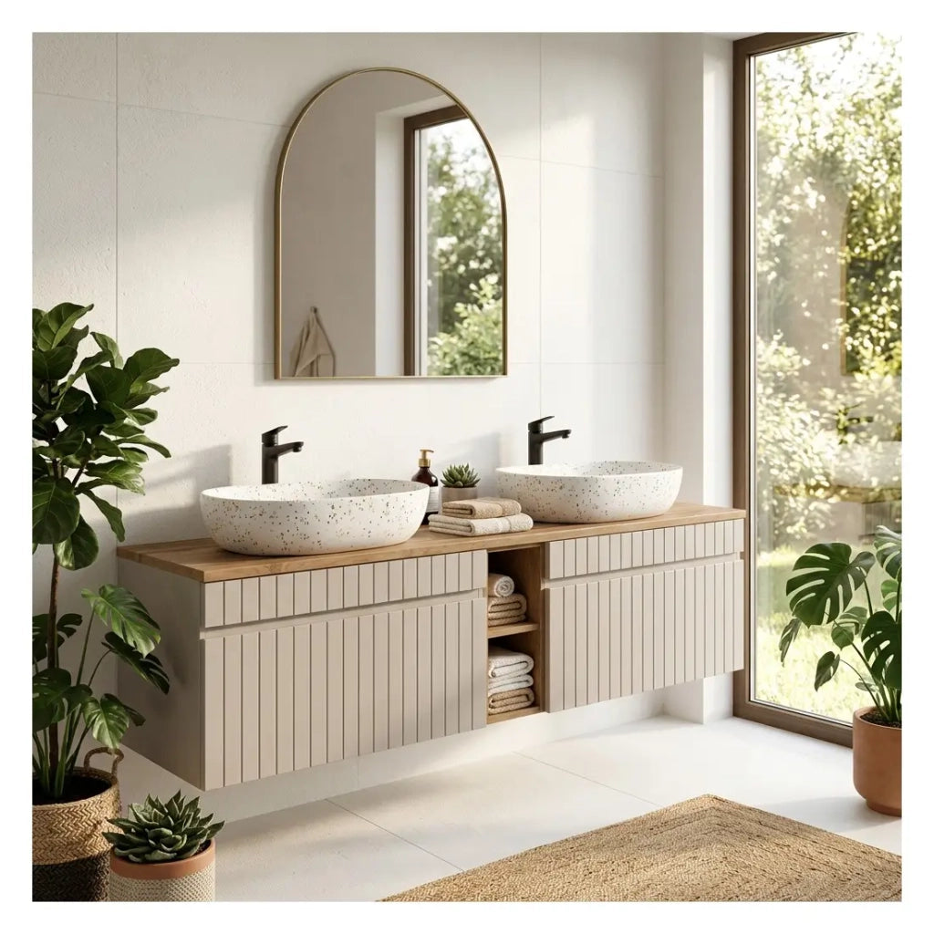 Set ICON: mobile sottolavabo 180cm con nicchie visibili + 2 lavabi ovali macchiati multicolori