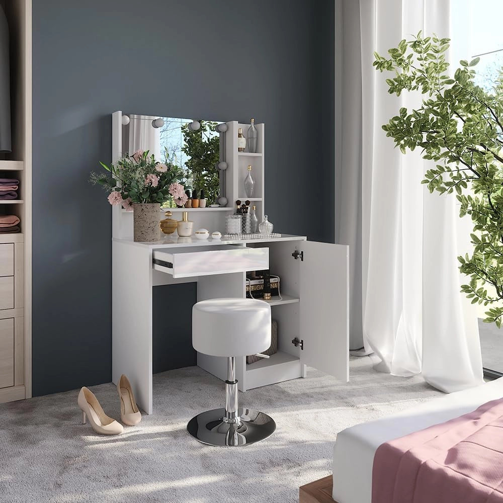 Tavolo da toeletta Sherry, Bianco/bianco lucido, 89.8 cm 5 parti