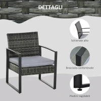 Set da Giardino in Rattan 3 pezzi, 2 Poltrone con Cuscino e Tavolino, Grigio