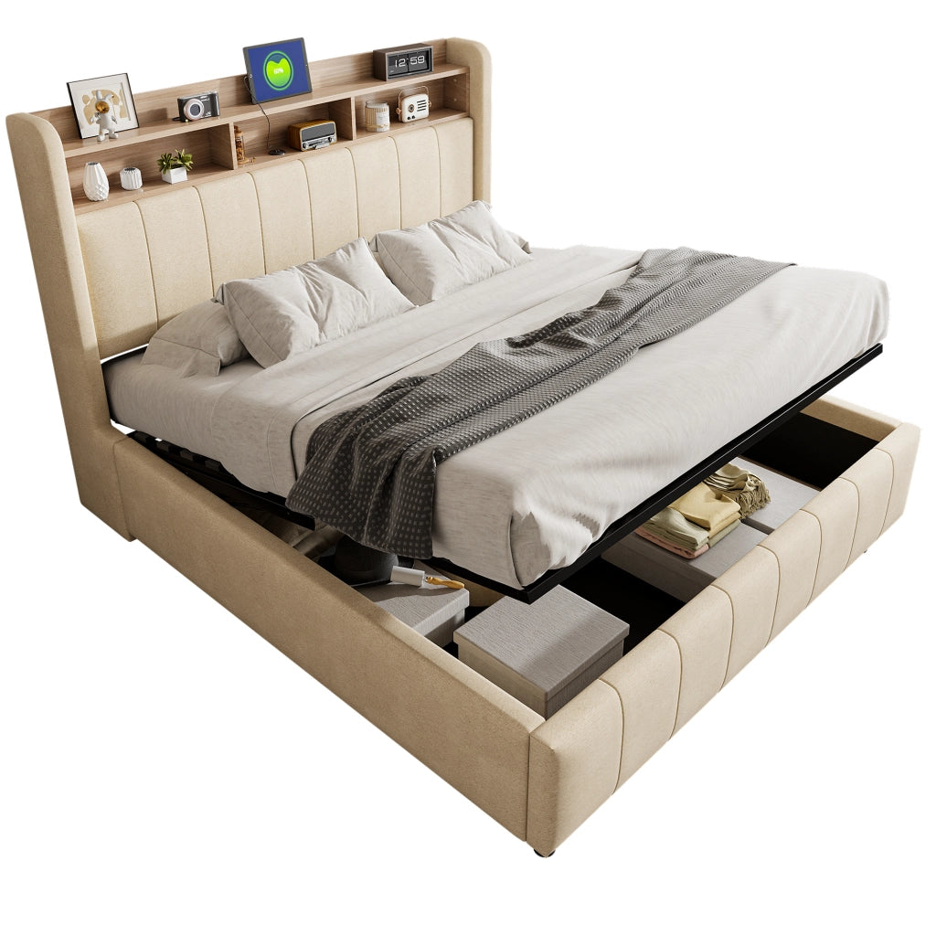 Letto imbottito 160x200 cm beige con LED, USB-C e contenitore
