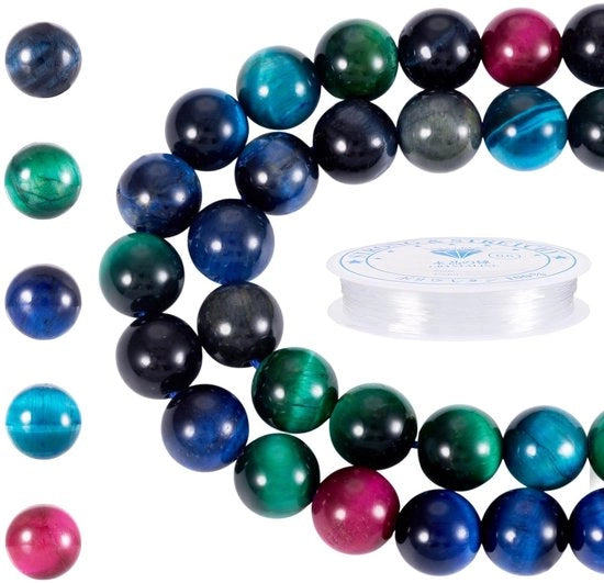 Kit per Collane con Orecchie di Tigre - 8mm - 47 pezzi - Filo Elastico - Kit per Gioielli Fai da Te - Balone Glacé Sferico
