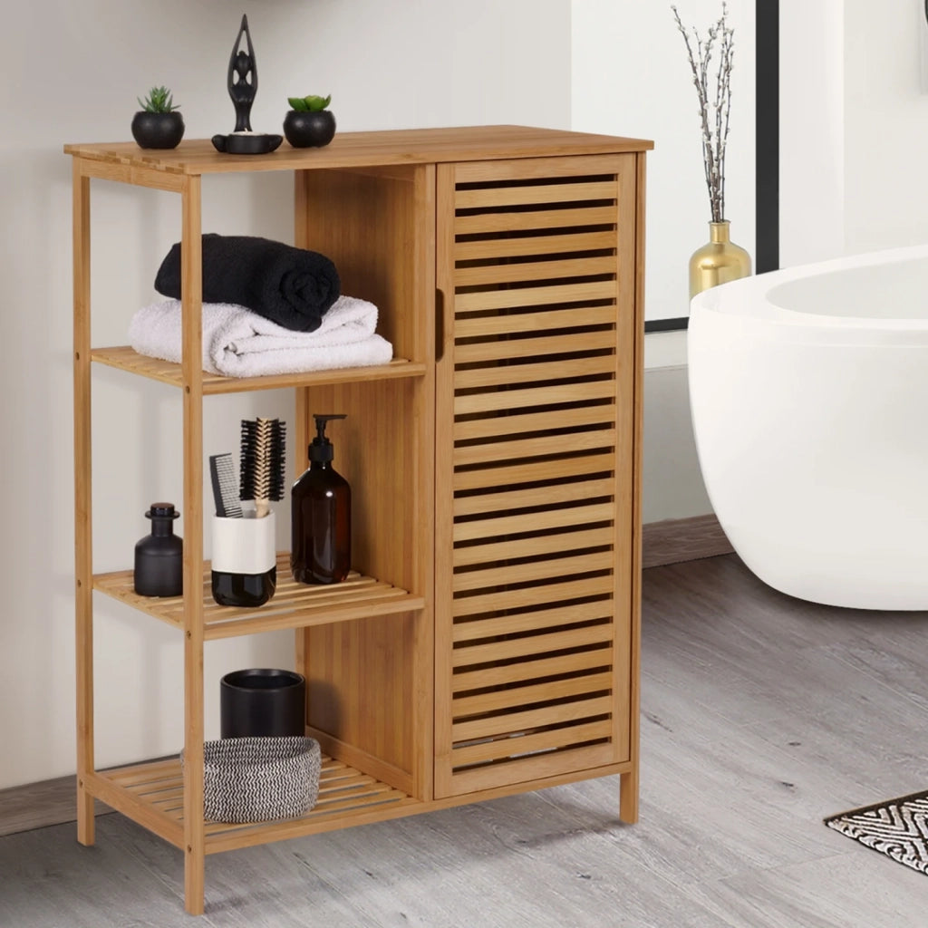 IDMarket - Mobili contenitori bagno in bambù con 3 ripani y armardio BEA