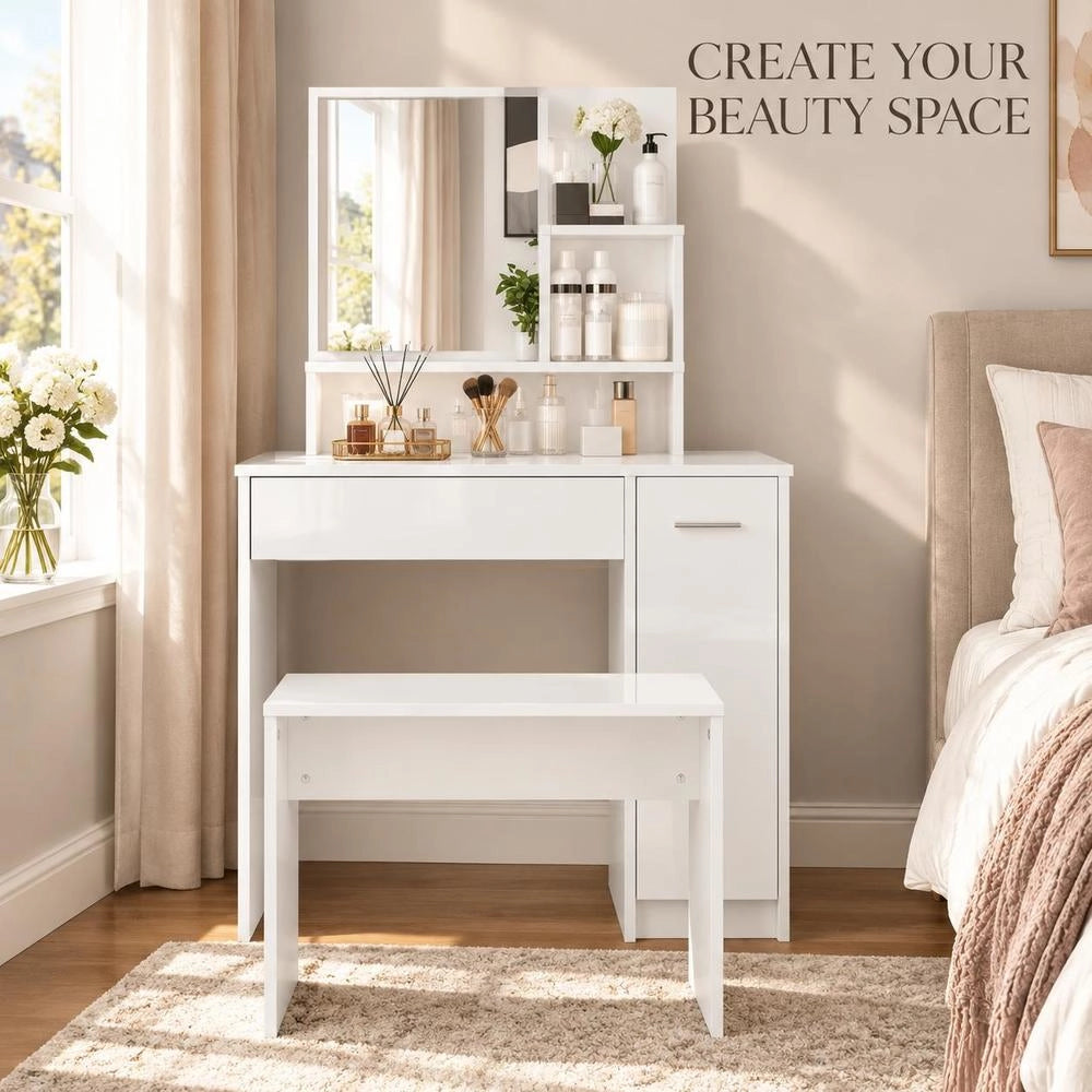 Dressing Table With Mirror, High-gloss White, 86.5x35x136 Cm
