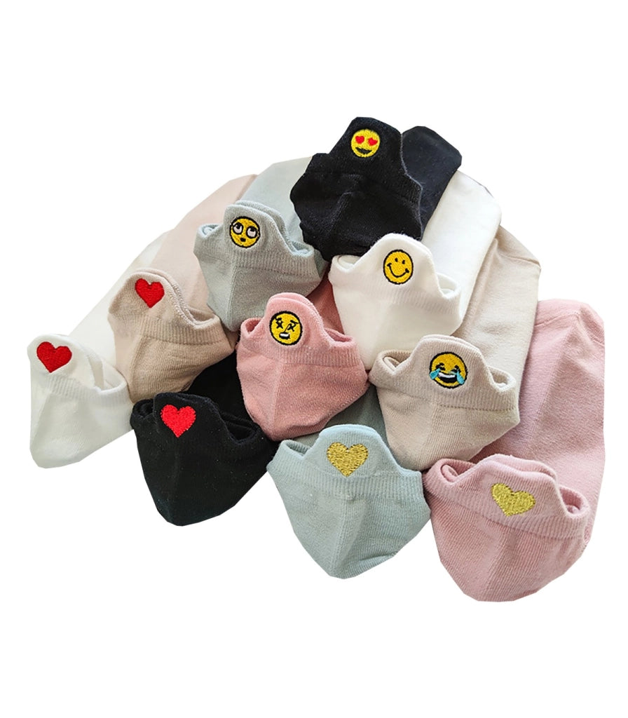 Calzini Bassi in Cotone | Ricamati con Cuori ed Emoji sul Tallone | Taglia Unica 35–40 EU