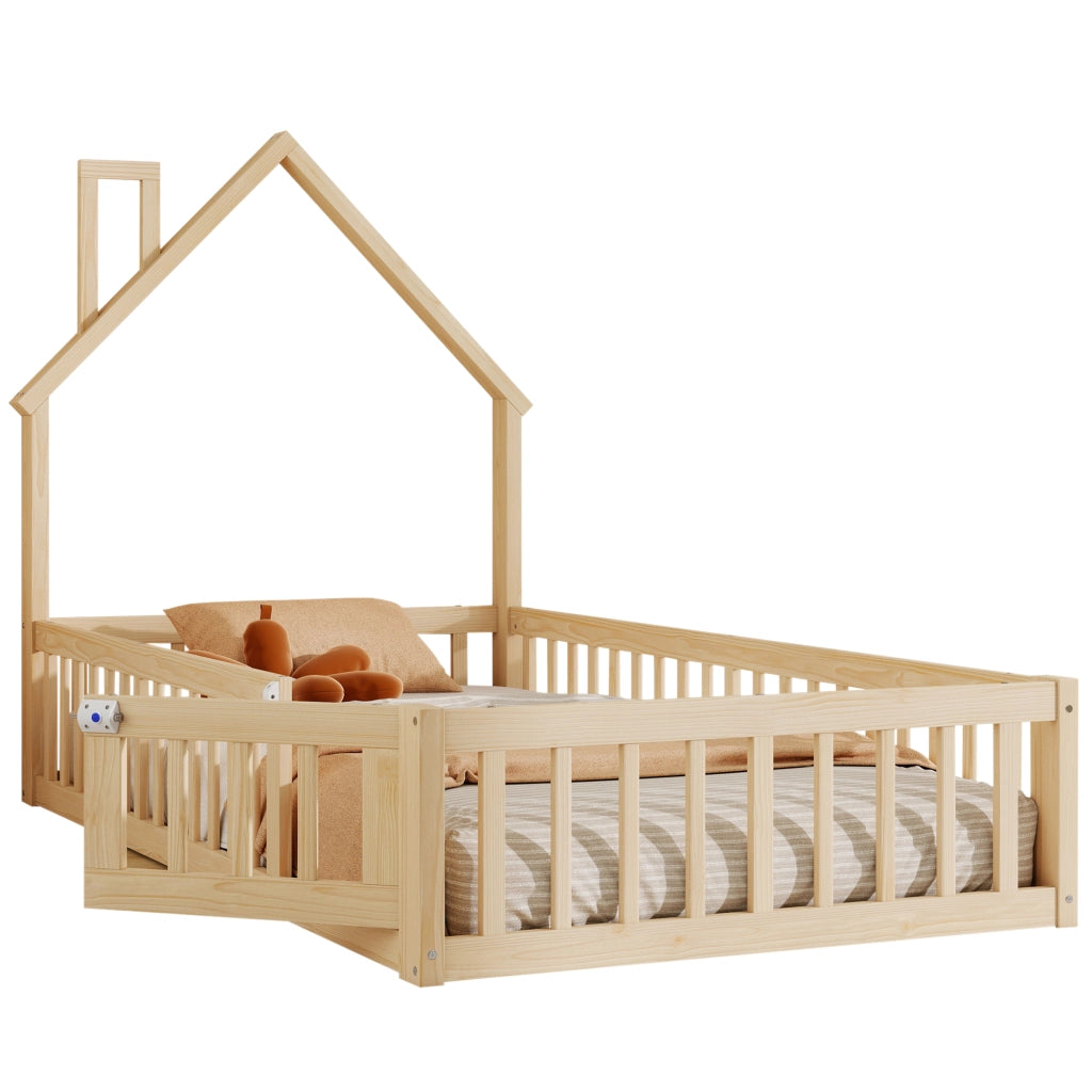 Letto casetta per bambini 90x200 cm con forma camino; in pino e MDF; naturale