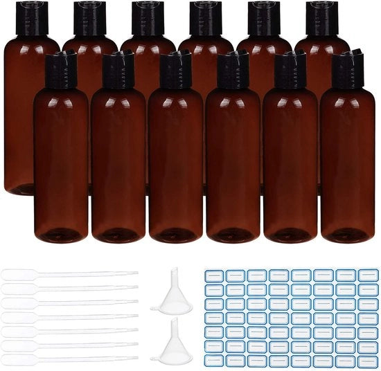 Borsa da Viaggio 200 ml - 10 Pezzi - Plastica - Riciclabile - Imprigionata - Disco di Chiusura Nera - Sicura per Cosmetici - Borsa da Bagno