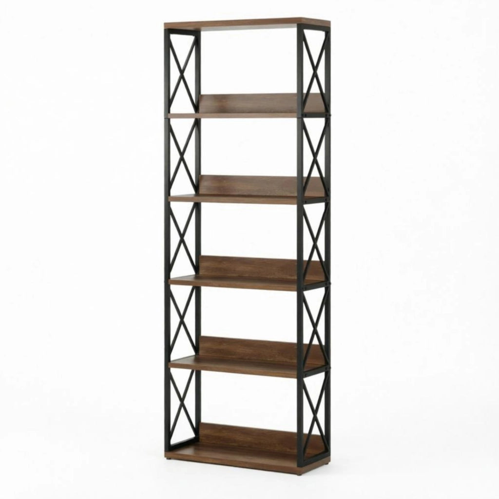 Libreria ULEVR 178 cm a 5 ripiani aperti, struttura in metallo e legno, nero e marrone