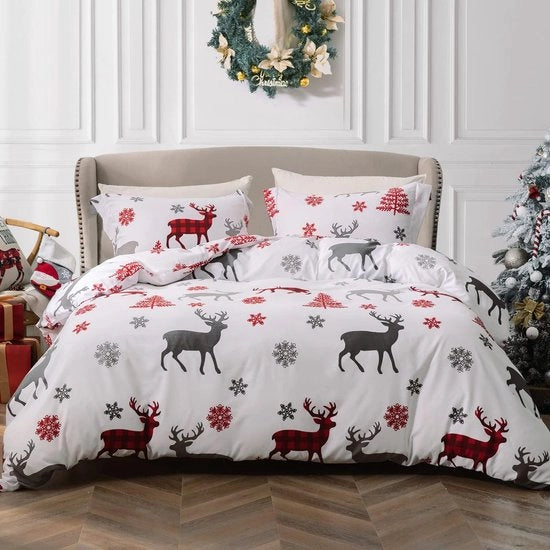 Set di coperte per letto a tema natalizio per bambini - Set di coperte per letto con tema natalizio per ragazze e ragazzi - Ragazze Ragazzi Adolescenti Fiocco di neve Alce Cammello Cervo Decorazione per la casa - Fodera - Raso rosso e bianco