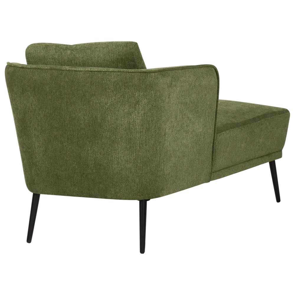 Chaise longue con cuscino verde scuro in tessuto bouclé lato destro stile retrò