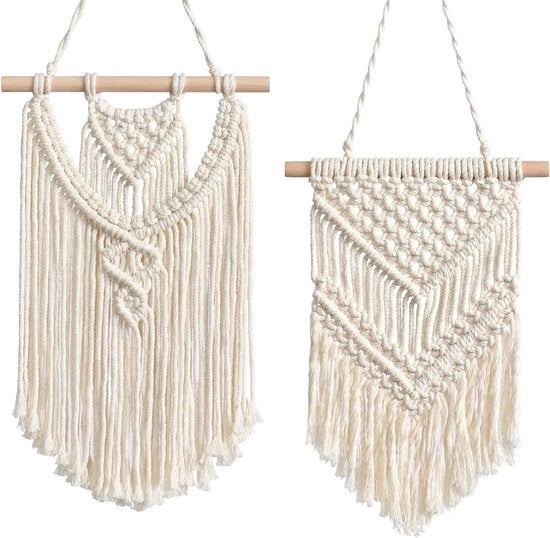 Set di opknoping per parete in macramé a mano - 2 tappeti da parete interno decorativo - stile boho - decorazioni per bambini e feste - 50x60cm