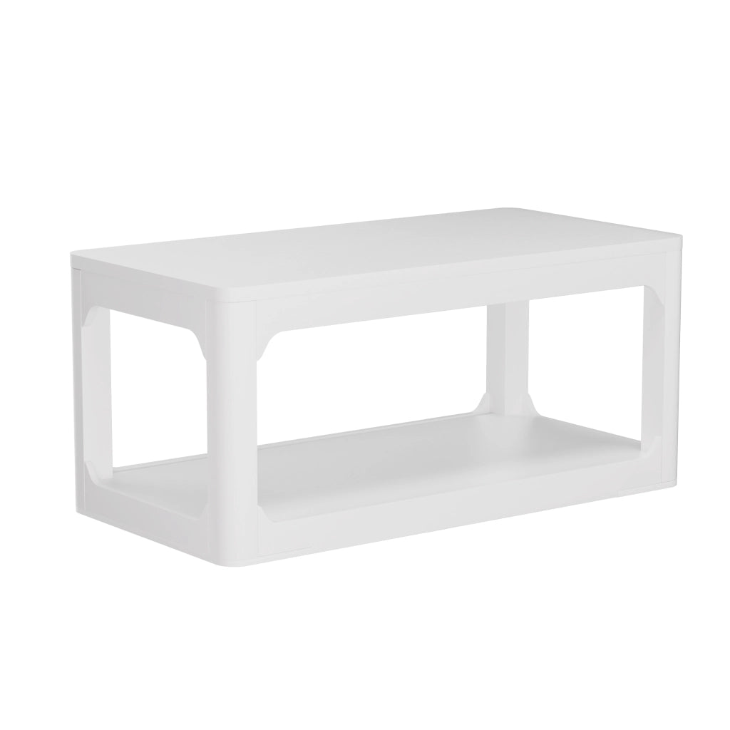 Tavolino da caffè con 2 ripiani portaoggetti; design moderno minimalista; in MDF; bianco; per soggiorno