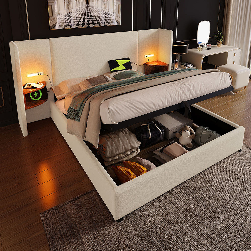 Letto 160x200 cm con comodino e luce lettura - Xylo - USB Type-C, colore beige