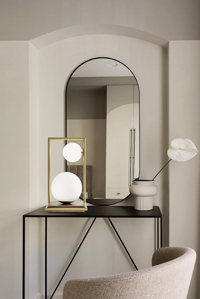 BUBLE LAMPADA DA TAVOLO 2 SFERE VERSO SX OPALINO STRUTTURA ORO SPAZZOLATO E BRONZO ATTACCO G9