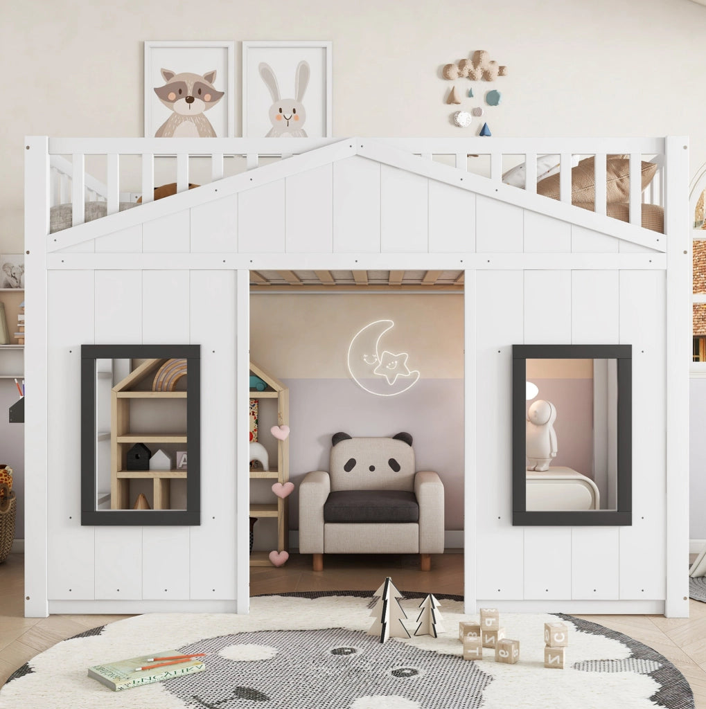 Letto a castello 90x200 cm con scale; sponde e finestre in legno e MDF bianco e grigio
