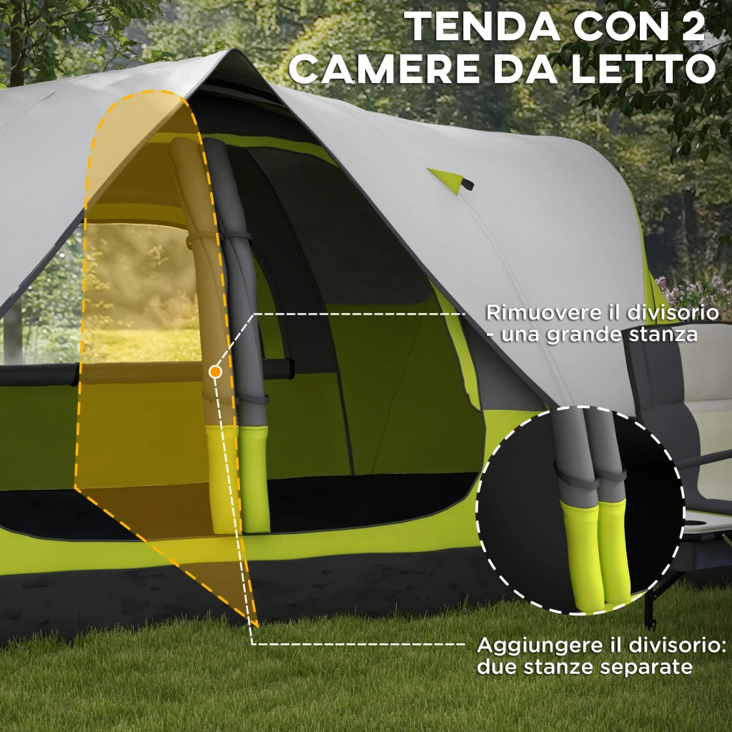 Tenda da Campeggio-Tenda per Escursionismo  6 posti con 2 Spazi Separati, in Poliestere e Fibra di Vetro, 450x215Px180 cm, Verde