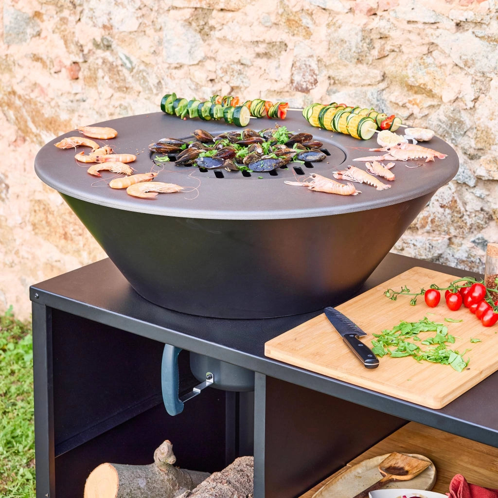 Braciere barbecue ø80cm, carrello con spazi di stoccaggio e coperchio,