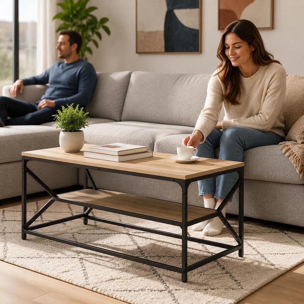 Sonoma Oak Coffee Table, 90x50x40 Cm, Modern Rectangular Steel Frame, Matte Wood Surface, Living Room Table For Magazines, Drinks And Decor