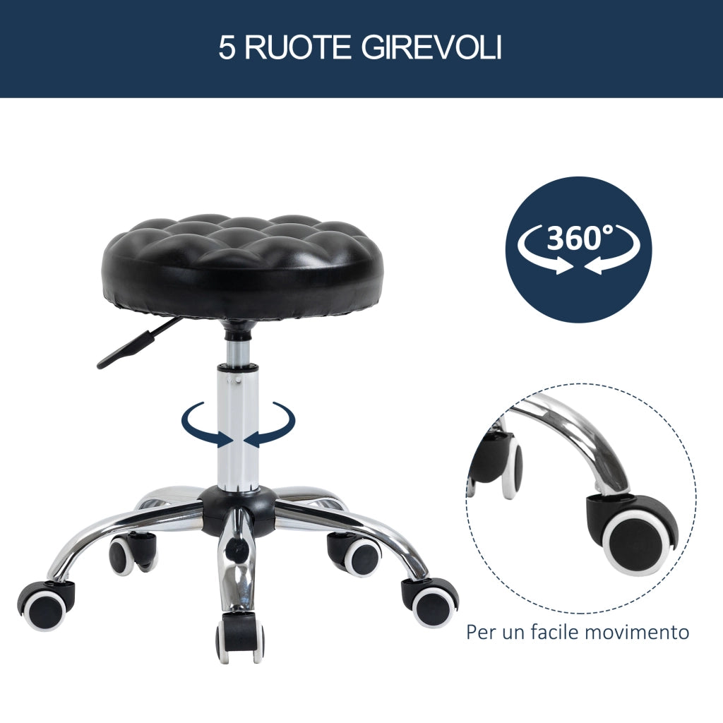 Sgabello ad Altezza Regolabile con 5 Ruote, in Acciaio, Gommapiuma e pelle PU, §¶48x47-59Acm