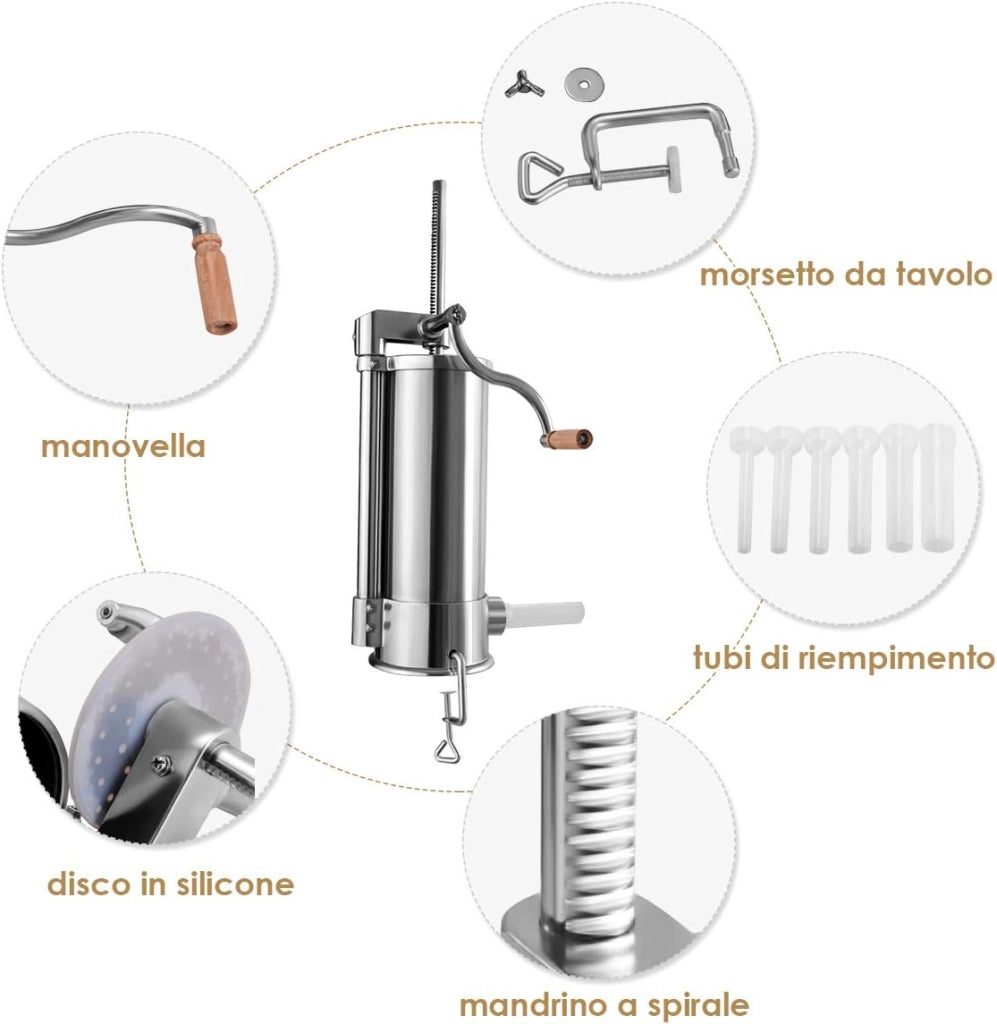 5 kg Insaccatrice per Salsiccia Macchina per la Produzione di Salsicce Insaccatrice Manuale per Uso Domestico, Salsicce Siringa con 6 Tubi di Riempimento