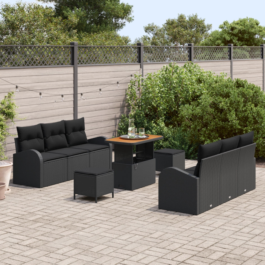 Set da Giardino  9 Pezzi con Cuscini Nero Polyrattan Acacia