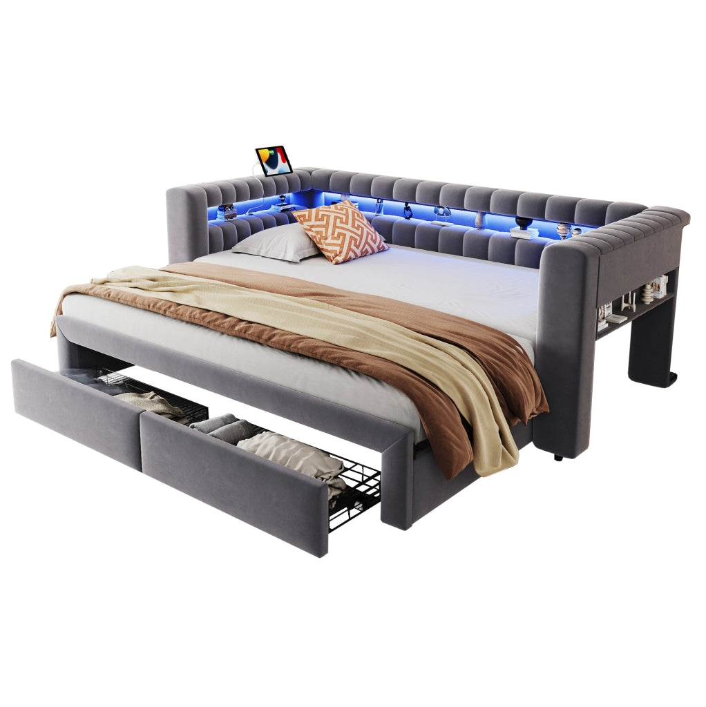 Divano letto imbottito estraibile 90x190/180x190 cm con 2 cassetti; vani contenitore; LED; velluto grigio